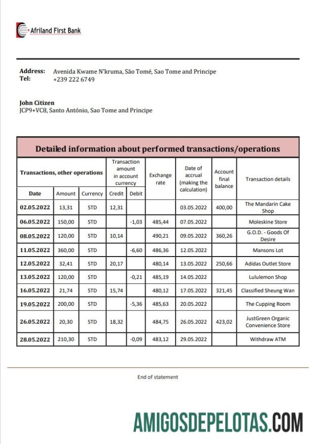 Sao Tome And Principe Afriland First extrato bancário amostra