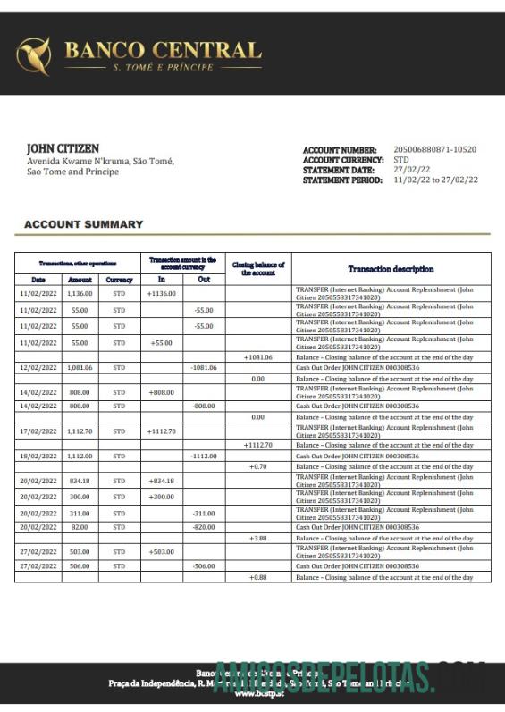 Sao Tome And Principe Banco Central De S.Tome E Principe Bank Statement examplo
