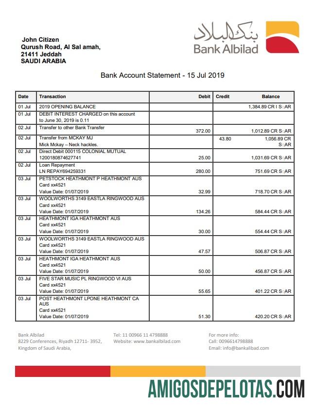 Modelo de extrato bancário em branco do Banco Albilad da Arábia Saudita em formato Word e PDF
