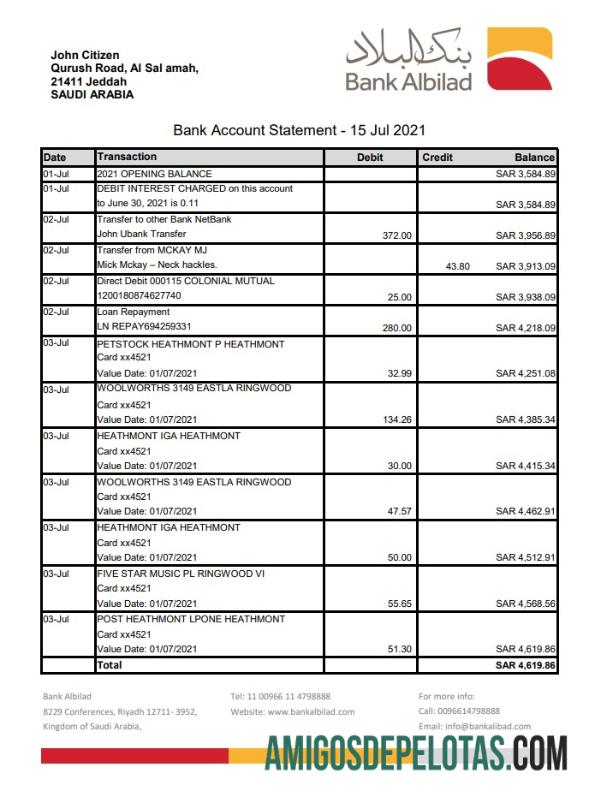 Saudi Arabia Bank Albilad Excel Pdf amostra