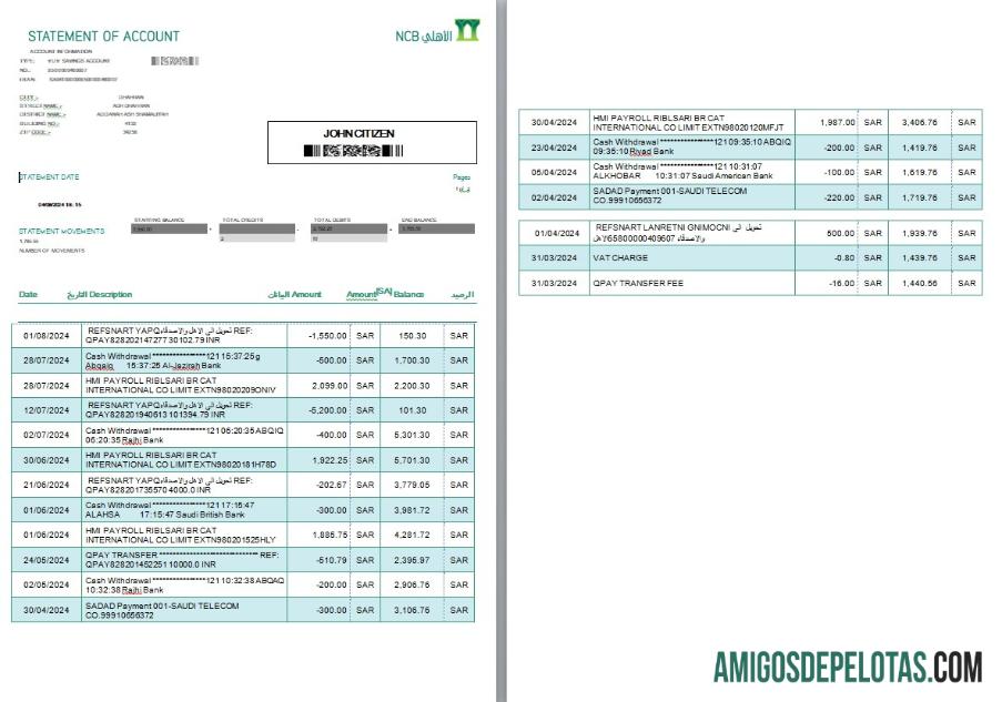 Extrato de conta bancária do BCN da Arábia Saudita para impressão, modelo Word e PDF, 2 páginas