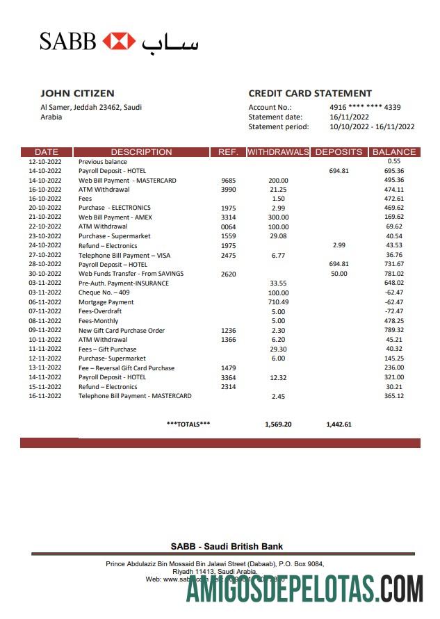 Exemplo de extrato bancário SABB da Arábia Saudita