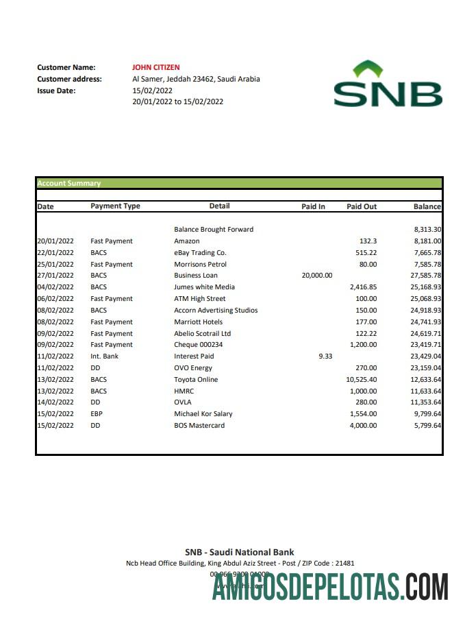 Exemplo de extrato bancário SNB da Arábia Saudita Xls