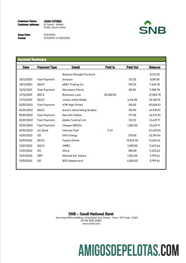 Saudi Arabia SNB modelo de extrato bancário