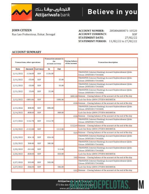 Extrato bancário do Senegal Attijariwafa Xls modelo