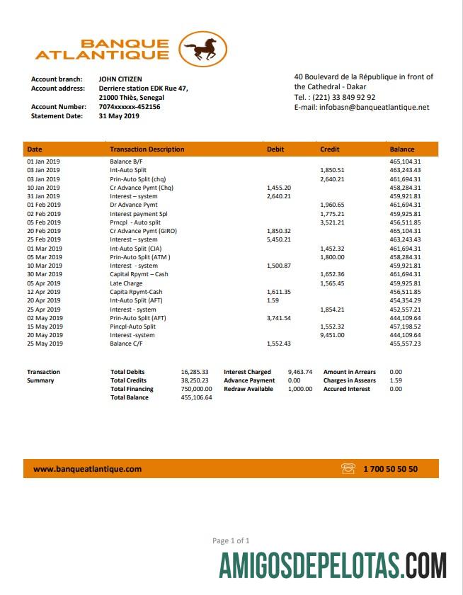Extrato bancário do Senegal Banque Atlantique para download, modelo fácil de preencher em formato Word e PDF