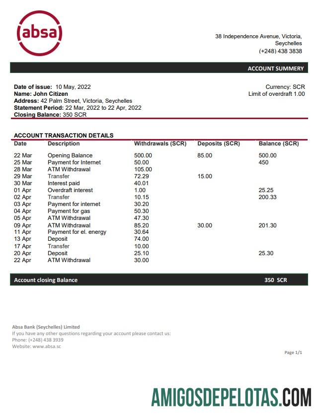 Seychelles ABSA extrato bancário amostra