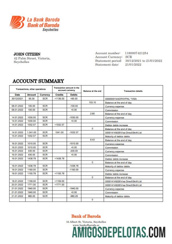Exemplo de extrato bancário do Seychelles Bank Of Baroda