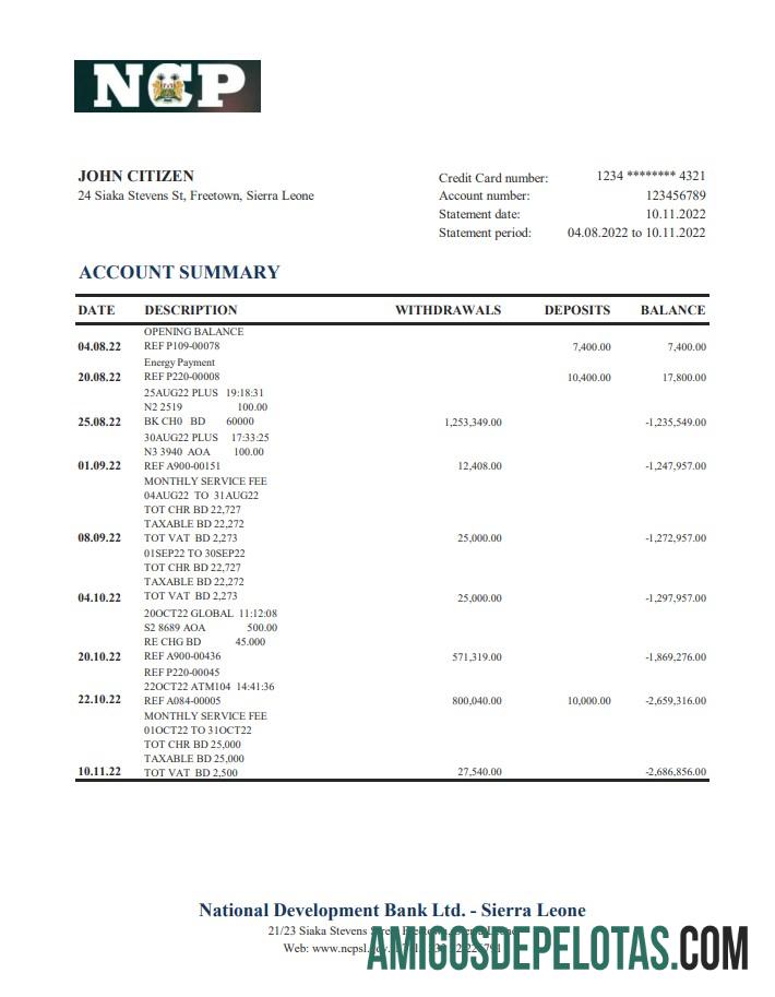 Sierra Leone National Development Bank Statement Xls amostra