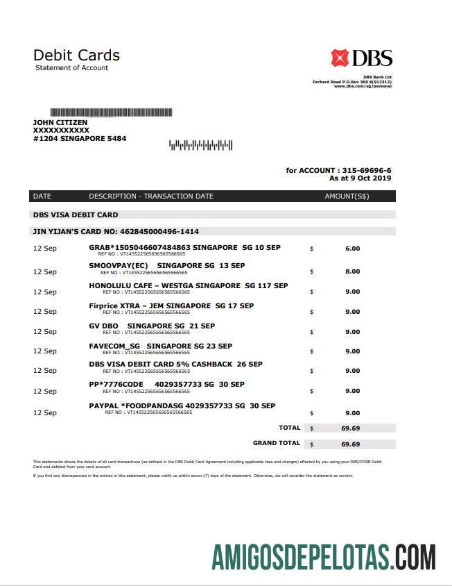 Modelo de comprovante de endereço em branco do Singapore DBS Bank em formato .doc e .pdf