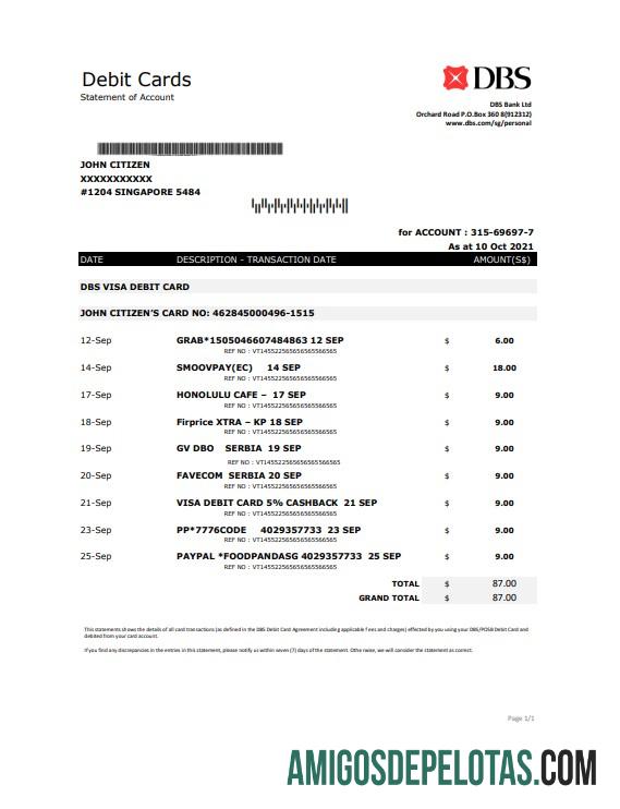 Modelo de comprovante de endereço do Singapore DBS Bank para download em formato .xls e .pdf