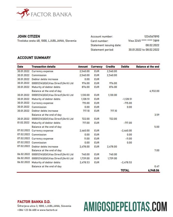 Slovenia Factor Banka Bank Statement Xls amostra