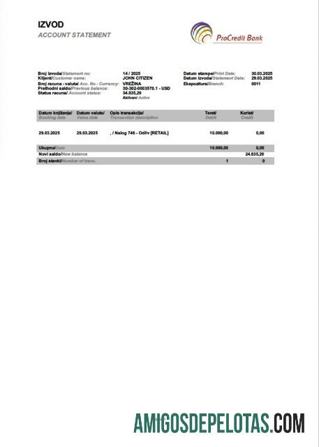 Extrato de conta bancária Eslovênia ProCredit para impressão, modelo Word e PDF