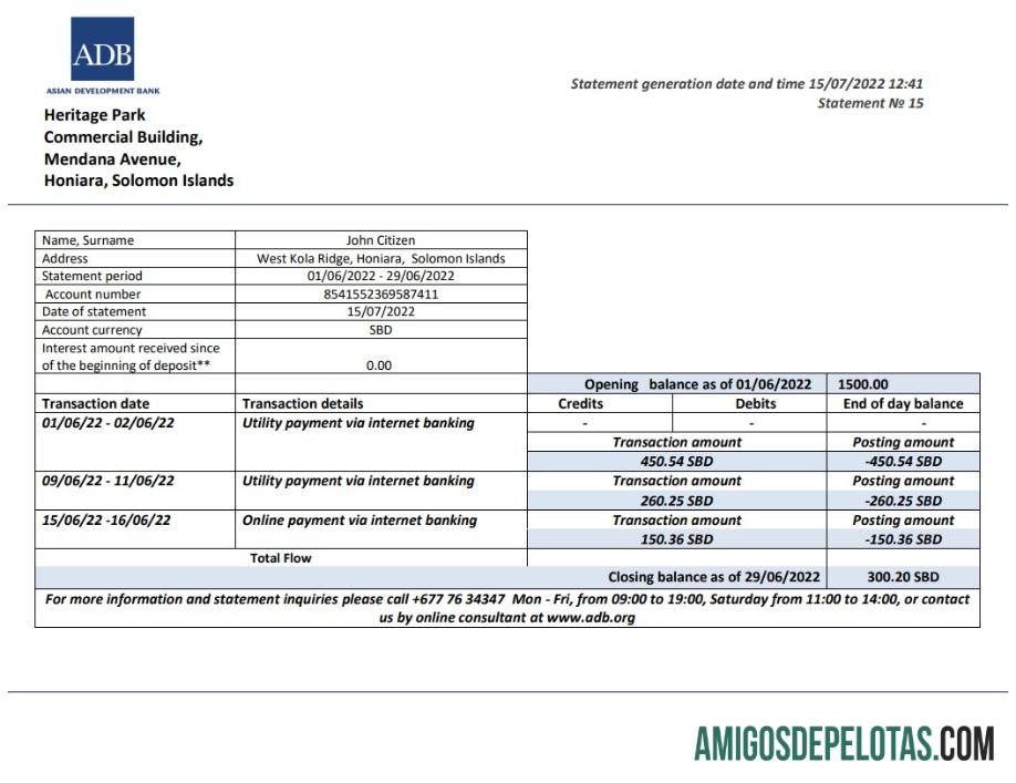 Exemplo de extrato bancário do ADB nas Ilhas Salomão