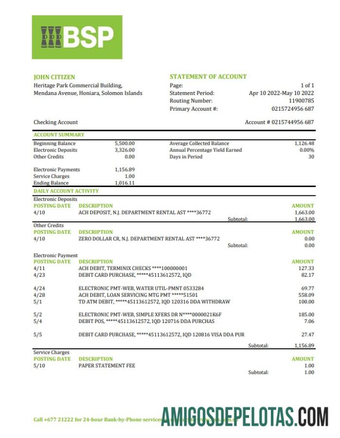 Exemplo de extrato bancário BSP das Ilhas Salomão Xls