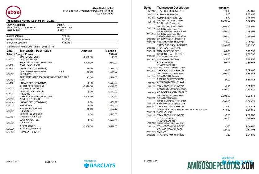 South Africa ABSA 9 Pages Excel Pdf amostra