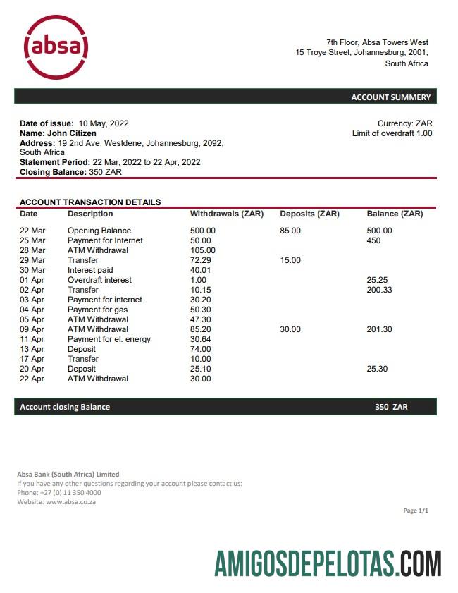 South Africa ABSA modelo de extrato bancário
