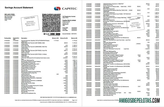 Extrato de conta bancária Capitec realista da África do Sul modelo Word e PDF, 2 páginas