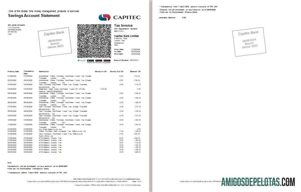Exemplo de Scr de 2 páginas do Capitec Bank da África do Sul