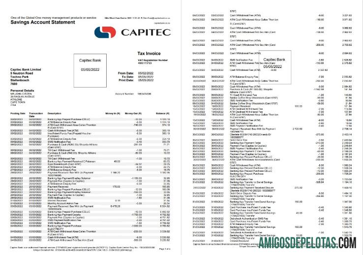 Extrato da conta poupança do Capitec Bank da África do Sul, modelo de 4 páginas