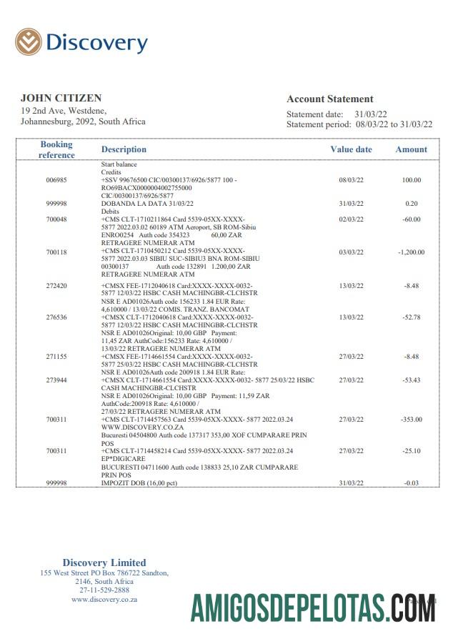 South Africa Discovery extrato bancário amostra