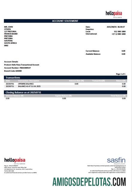 Extrato de conta Hellopaisa da África do Sul modelo Word e PDF para download