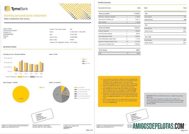 Extrato de conta bancária Tyme da África do Sul para download, modelo Word e PDF, 2 páginas