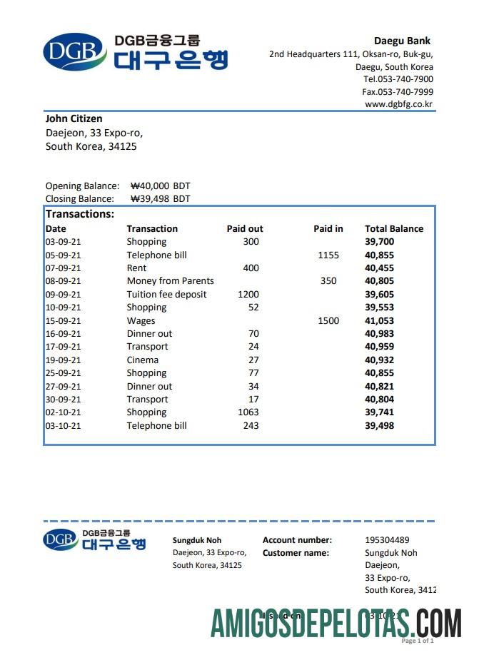South Korea Daegu Bank Excel amostra