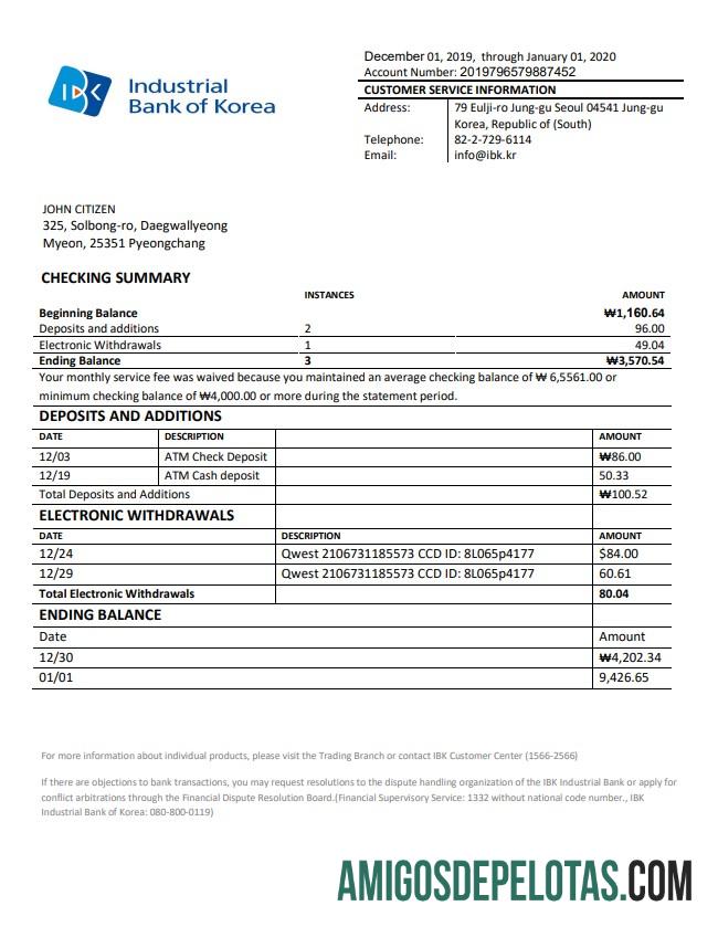 Modelo realista de extrato bancário do Banco Industrial da Coreia do Sul da Coreia em formato Word e PDF