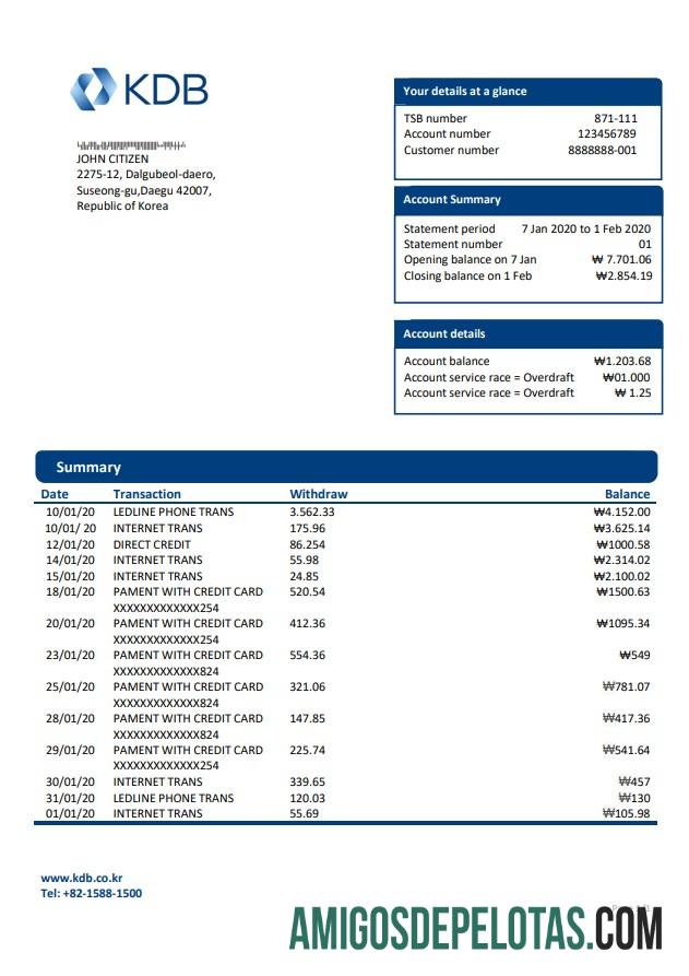 Modelo de comprovante de endereço do banco KDB da Coreia do Sul em branco em formato Word e PDF