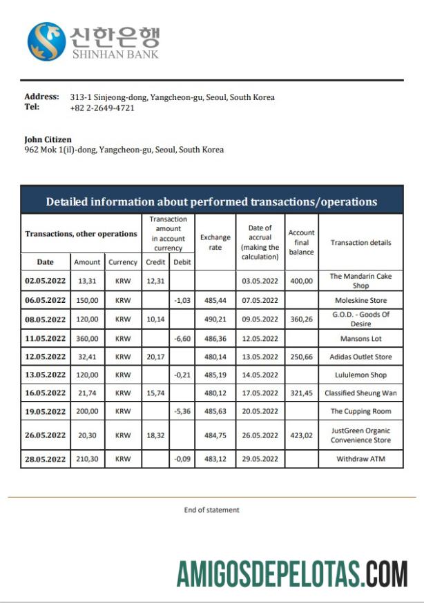 South Korea Shinhan extrato bancário amostra