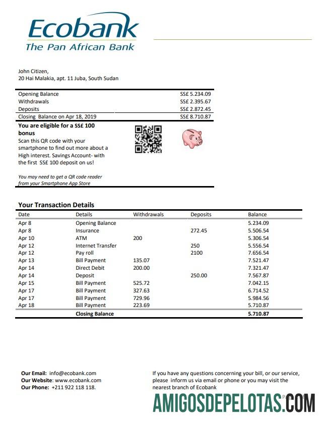 Modelo de extrato bancário do Ecobank do Sudão do Sul
