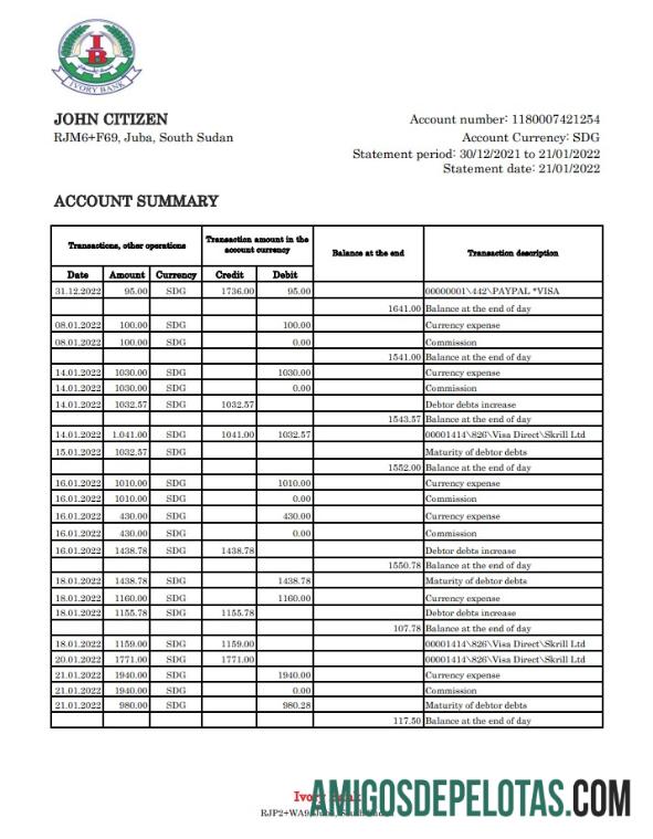 Modelo Xls do Extrato Bancário do Marfim do Sudão do Sul