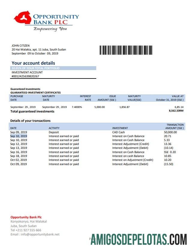 Modelo de extrato bancário de oportunidade do Sudão do Sul para download em formato Word e PDF