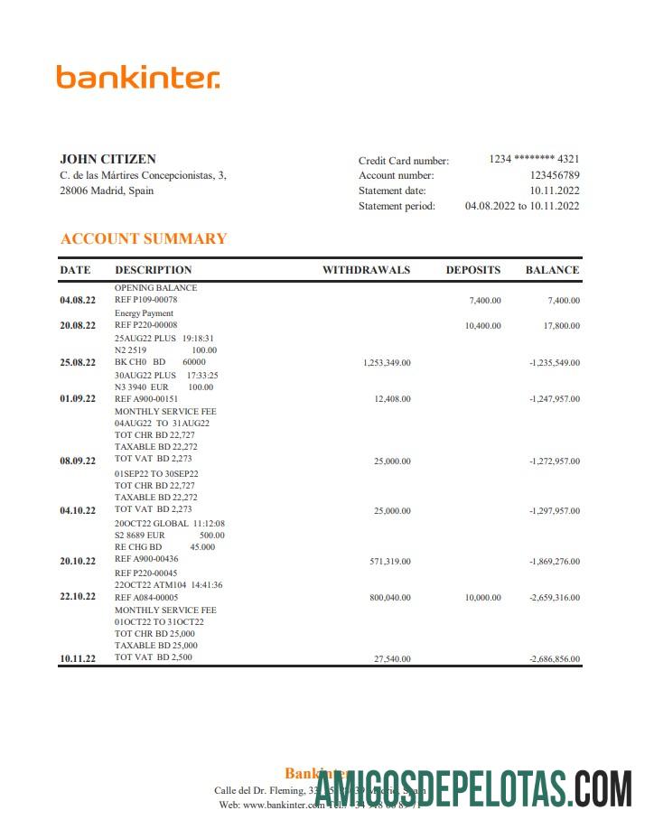 Exemplo de Extrato Bancário Espanha Bankinter Xls