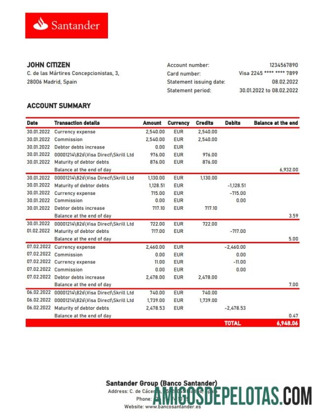 Exemplo de Extrato Bancário Santander Espanha Xls
