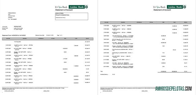 Extrato de conta do Sri Lanka Amana Bank para download, modelo Word e PDF, 2 páginas
