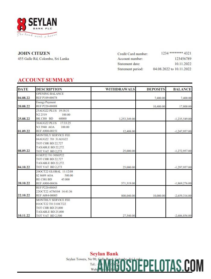 Sri Lanka Seylan Bank Statement Xls examplo