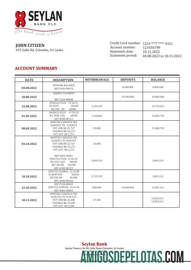 Sri Lanka Seylan extrato bancário amostra