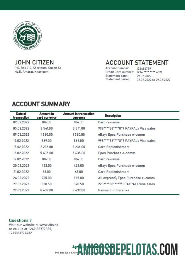 Exemplo de extrato bancário do Banco Agrícola do Sudão do Sudão