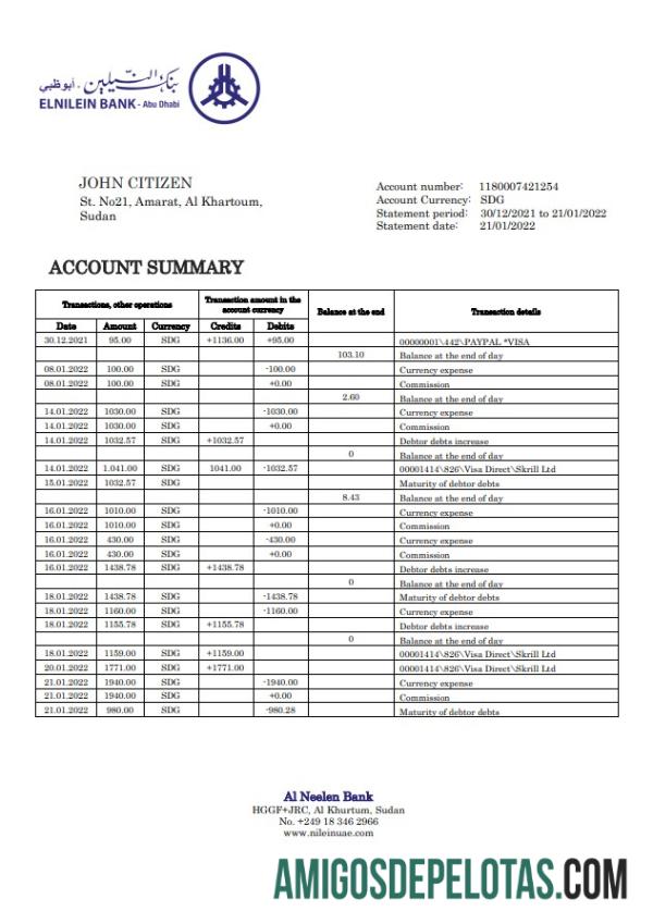 Sudan Al Neelen Bank Statement examplo