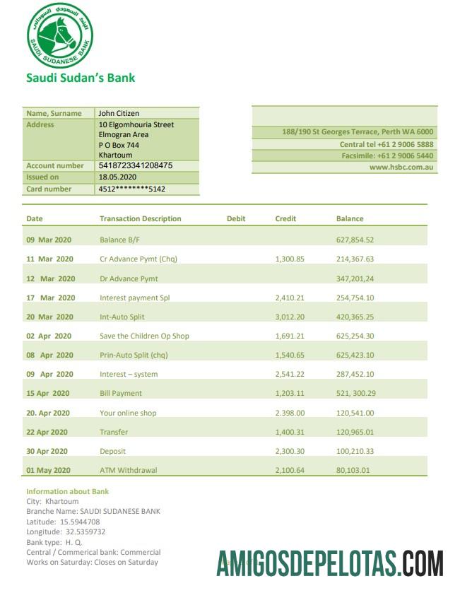 Modelo realista de declaração de comprovante de endereço do banco saudita sudanês do Sudão em formato Word e PDF