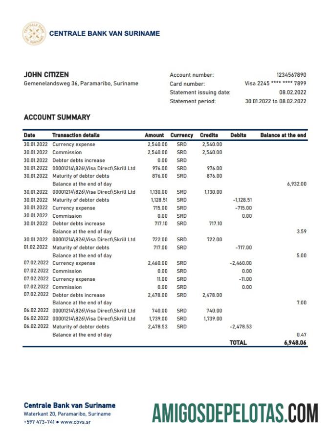 Exemplo de extrato bancário Xls do Banco Central do Suriname