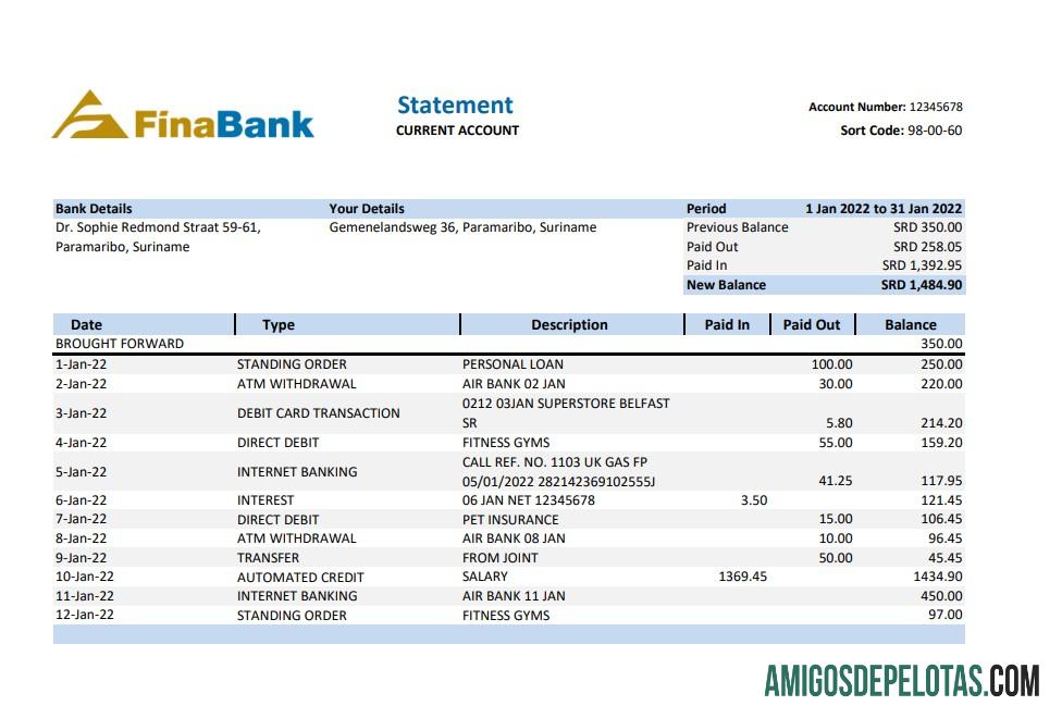 Suriname Finabank Extrato Xls modelo