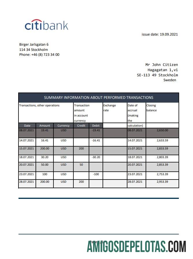 Sweden Citibank Excel Pdf modelo