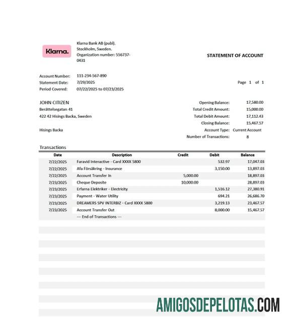 Extrato bancário da Suécia Klarna para download, modelo Word e PDF