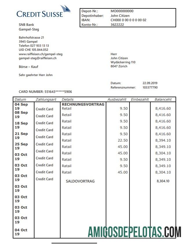 modelo de comprovante de endereço do banco Suíça Credit Suisse em branco em formato Word e PDF (.doc e .pdf)