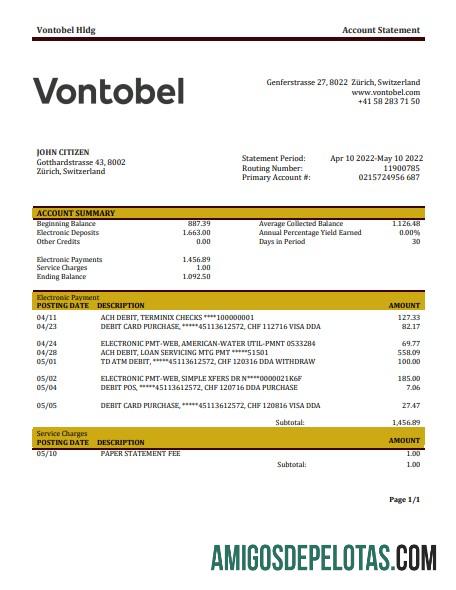 Modelo de extrato bancário Vontobel da Suíça