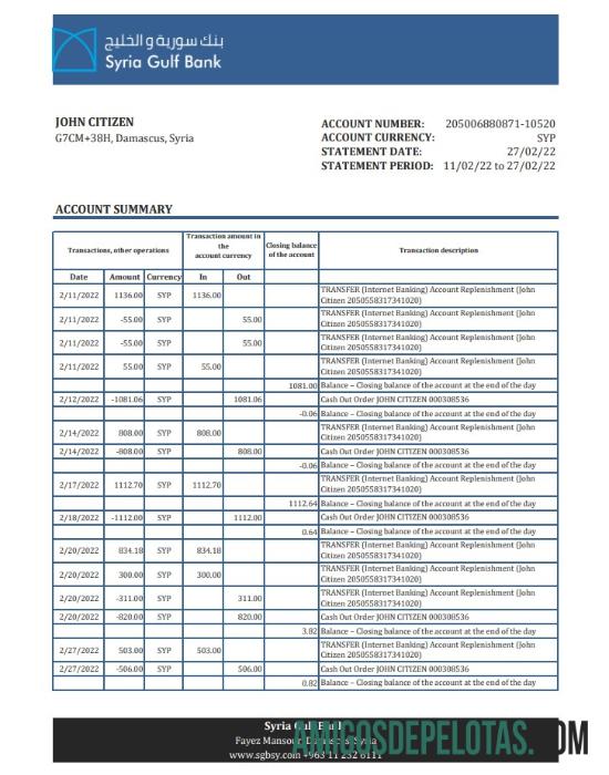 Modelo Xls do extrato bancário do Golfo da Síria