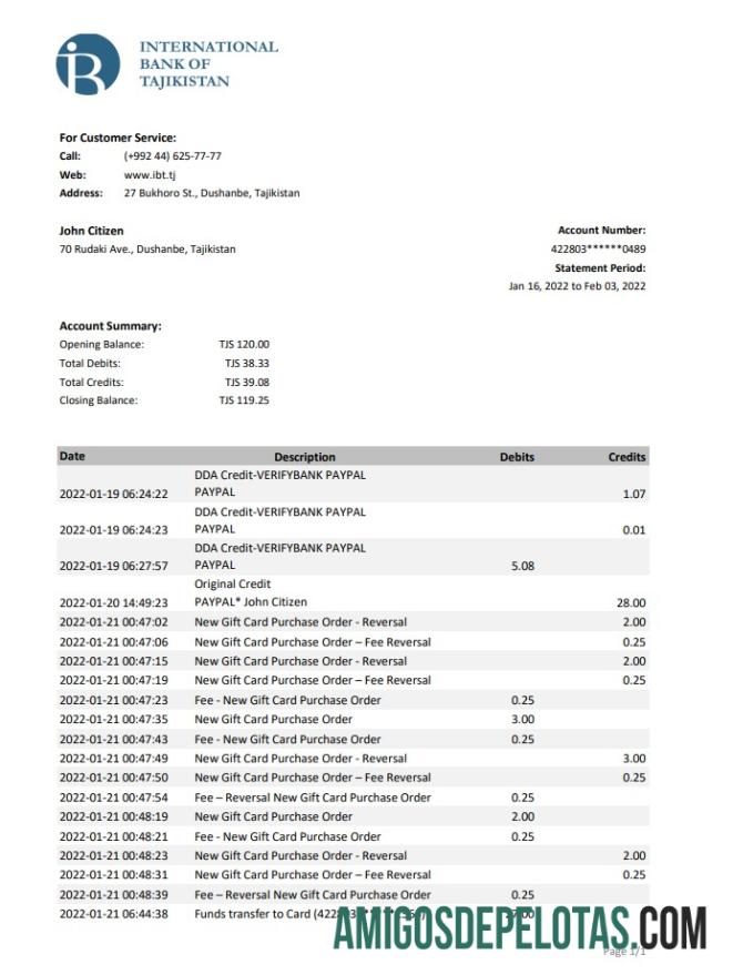 Tajikistan ITB Bank Statement Xls amostra